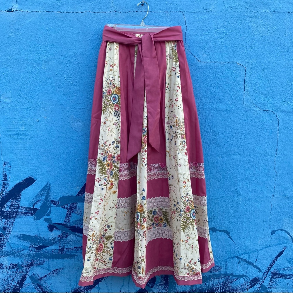 Vintage patchwork boho floral and lace skirt maxi full length with sash